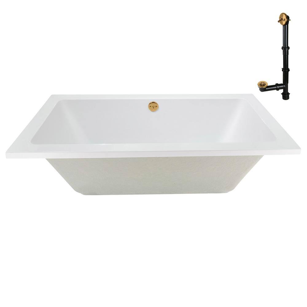 60" x 32" Glossy White Acrylic Soaking Drop-In Bathtub with Brushed Gold Drain