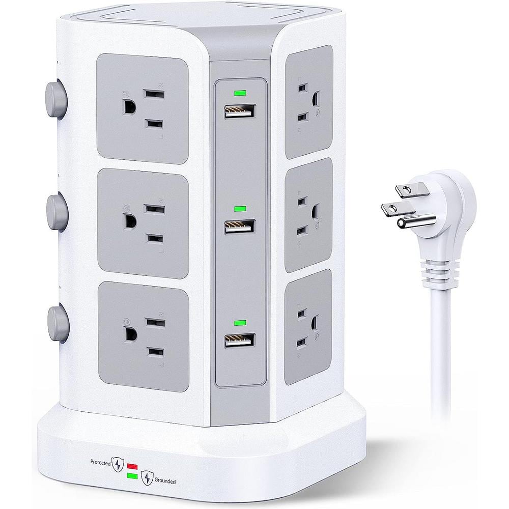 6.5 ft. Flat Plug Extension Cord, Surge Protector Power Strip Tower - 12 AC Outlets & 6 USB Ports, Heavy Duty, - White