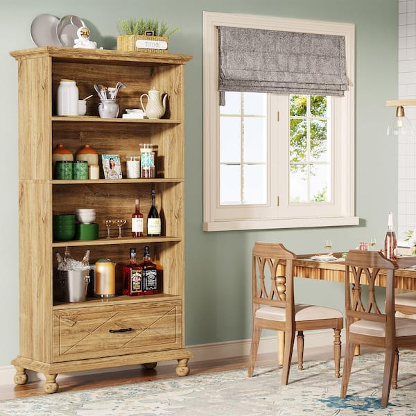 Eulas 71in. Tall Brown Wood 6-Shelf Bookcase with Drawer, Bookshelf Large Open Display Storage for Living Room