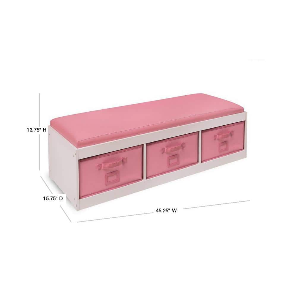 White and Pink MDF Kids Storage Bench with Cushion and Bins