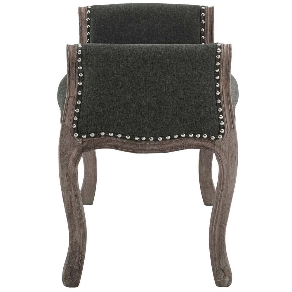 Gray Vintage French Upholstered Fabric Bench with Nailhead Trim