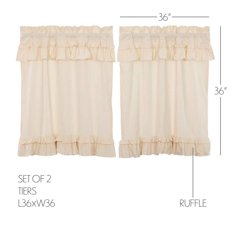 Natural Cotton Ruffled Tier Curtains with Rod Pocket, 36x36