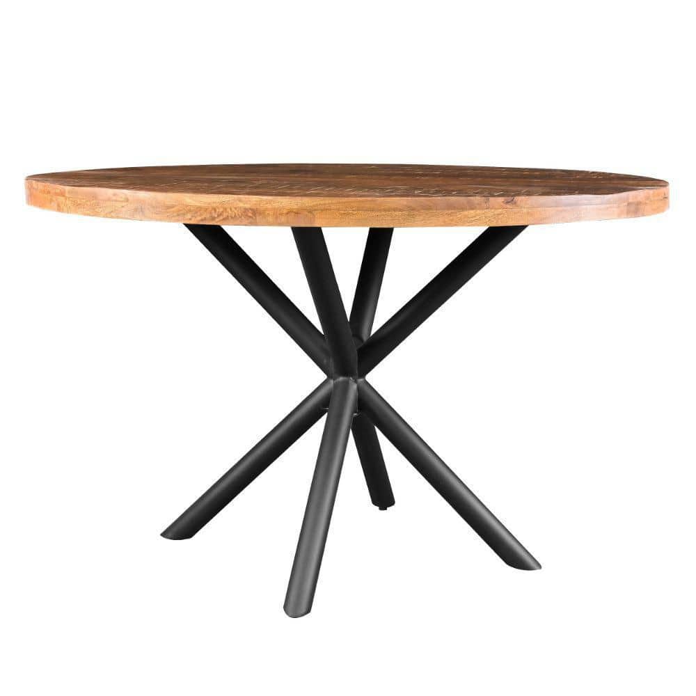 Rustic Farmhouse 48" Round Solid Mango Wood Dining Table with Iron Legs