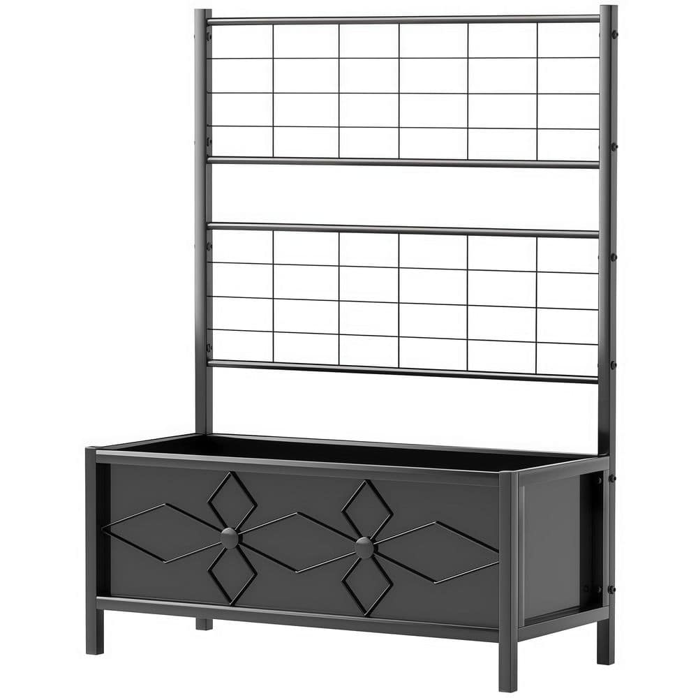 Black Galvanized Raised Garden Bed with Trellis for Climbing Vines Vegetables Flowers, Outdoor Planter Box