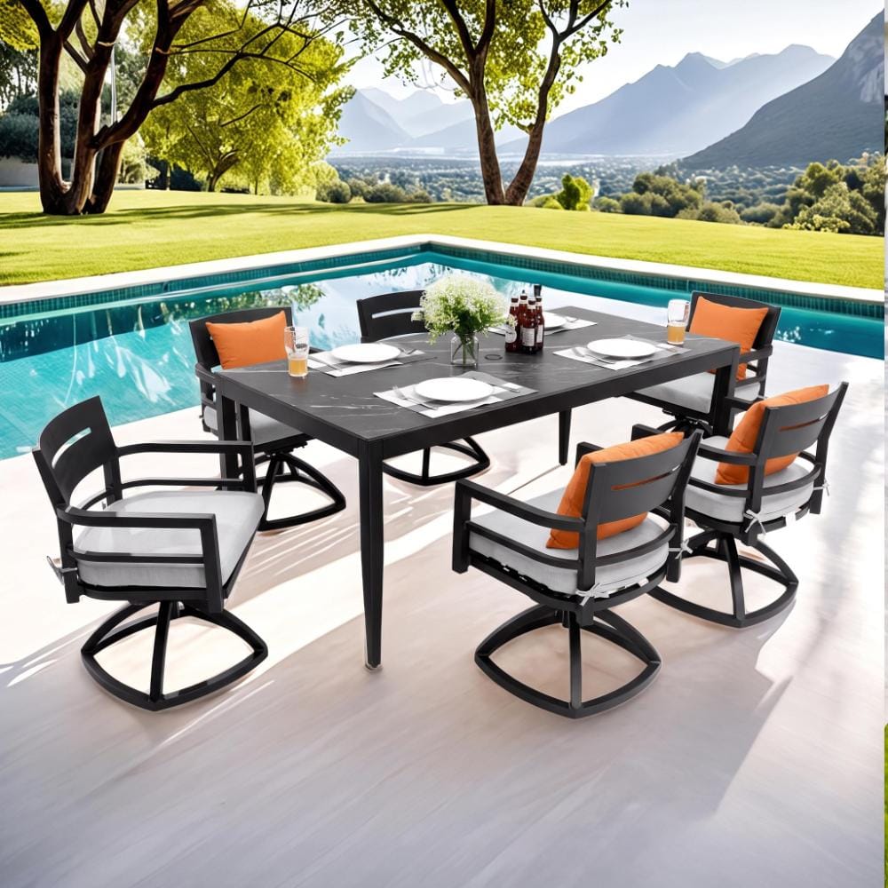 Black 7-Piece Aluminum Outdoor Dining Set, Rectangular Marble-Look Dining Table and 6 Swivel Rockers with Gray Cushions price history on PriceWatchPro