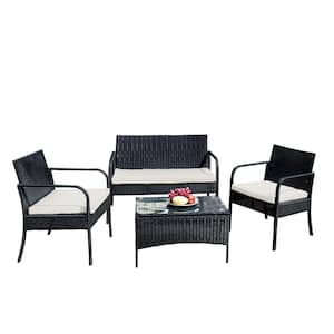 Carney 4-Piece Black Wicker Patio Conversation Set with Square Table and Beige Cushions
