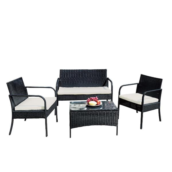 maocao hoom Black 4-Pieces Wicker Outdoor Patio Garden Sectional Conversation Sofa Set with Beige Cushions