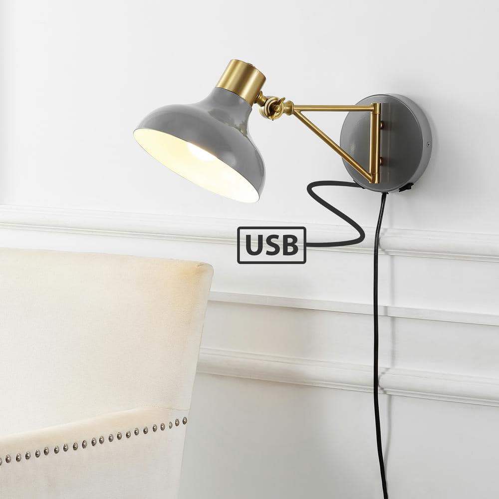 Gray and Brass Gold Swing Arm Wall Sconce with USB Port
