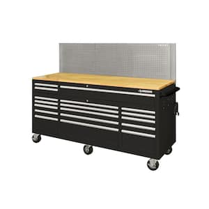 72 in. W x 24 in. D 18-Drawer Standard Duty Mobile Workbench Tool Chest with Solid Wood Top and Pegboard in Gloss Black