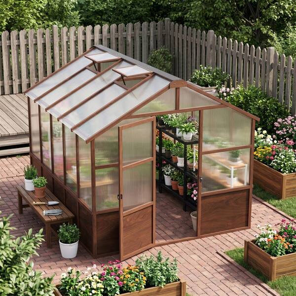 BIGLADE 8 ft. x 10 ft. Brown Wooden Frame Polycarbonate Outdoor