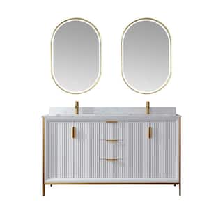 Granada 60 in. W x 22 in. D x 33.8 in. H Double Sink Bath Vanity in White with White Composite Stone Top and Mirror