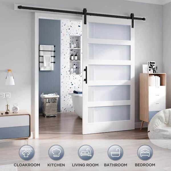 42 in. x 84 in. 5-Lite Tempered Frosted Glass White Finished Solid Core MDF Wood Sliding Barn Door with Hardware Kit