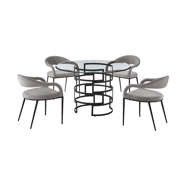 Armen Living Diaz Morgan 5-Piece Light Gray Fabric Black and Glass Top Dining Set Seats 4