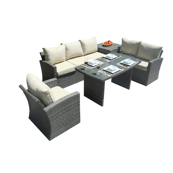 DIRECT WICKER Jessica Grey 5-Piece Wicker Outdoor Sectional Set with Beige Cushions