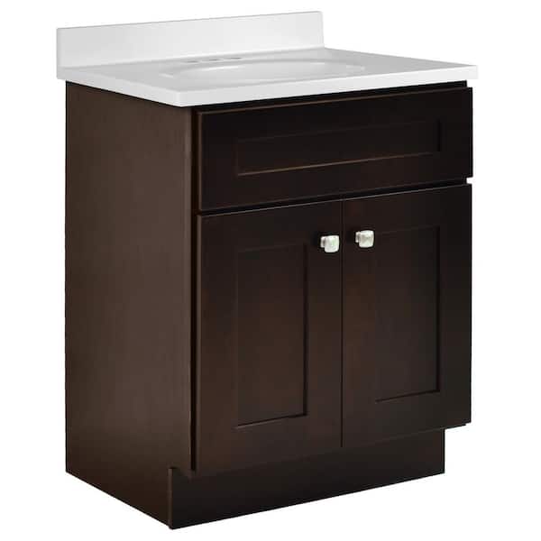 Brookings 25 in. W x 19 in. D Bathroom Vanity Cabinet in Espresso Brown with Solid White Cultured Marble Top, Assembled