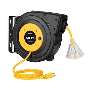 50 ft. 14/3 SJTOW 13 Amp Retractable Extension Cord Reel with 3-Lighted Triple Outlets, Yellow