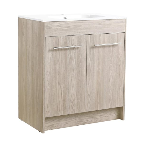 MYCASS 29.70 in.W x 18.10 in.D x 33.80 in. H Freestanding Bath Vanity in White Oak with One White Sink Gel Top