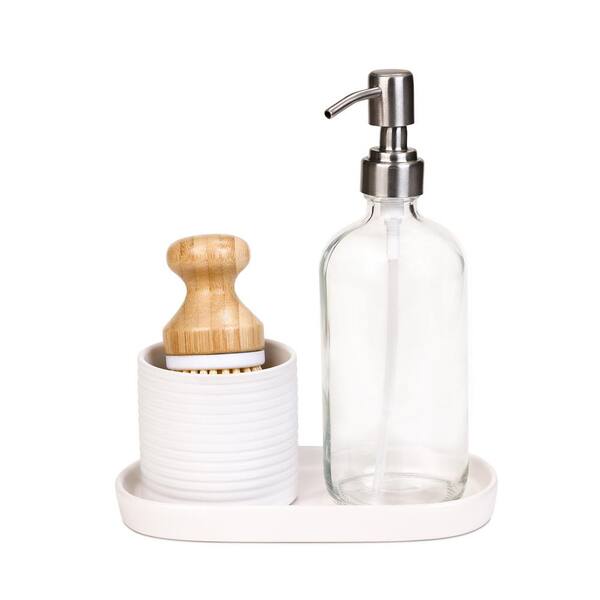 Smart Design Ceramic Soap Pump and Brush Set with Tray