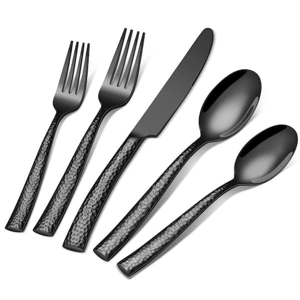 Stainless Steel 1-Piece Black Hammered Flatware Set with Knives Forks and Spoons Dishwasher Safe for 12