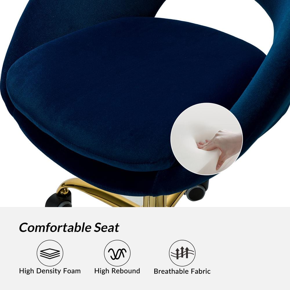 Ergonomic Navy Velvet Swivel Task Chair with Gold Metal Base