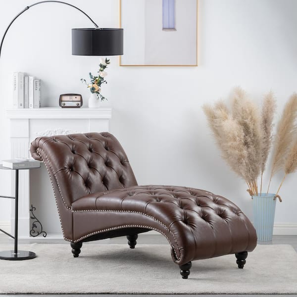 Harper & Bright Designs Dark Brown Faux Leather Tufted Armless Chaise Lounge with Nailhead