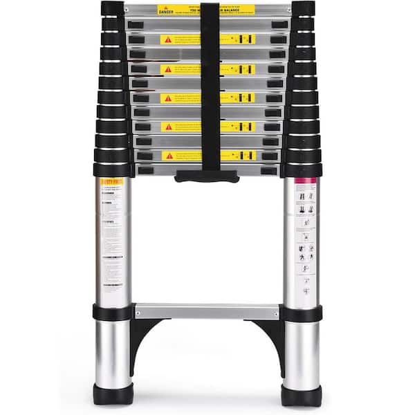 Telescoping Ladder 12.5 ft. Aluminum Extension with Triangle Stabilizers Heavy Duty 330 lbs. Capacity Collapsible