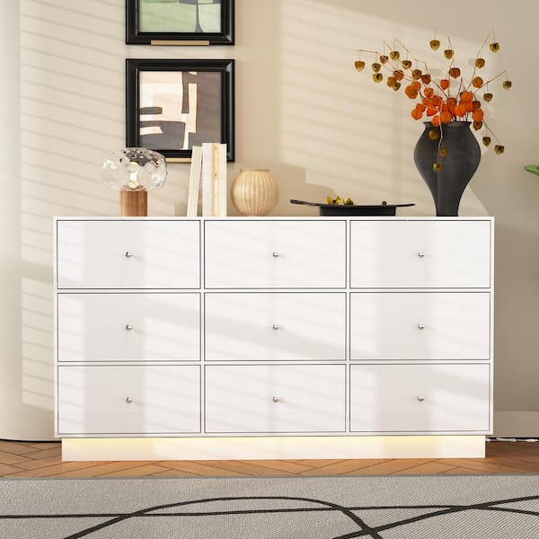 FUFU&GAGA White 9-Drawers 63 in. Width Wooden Chest of Drawers, Dresser without Mirror, Sideboard with LED Light
