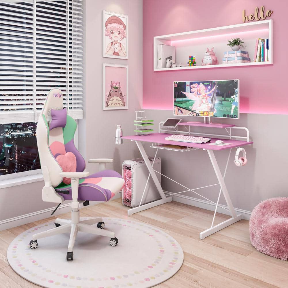 Techni Sport Dual Monitor Carbon Fiber Gaming Desk with Cup Holder - Pink