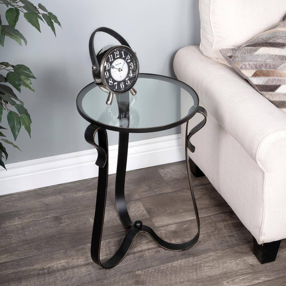 Round Black Metal and Glass End Table