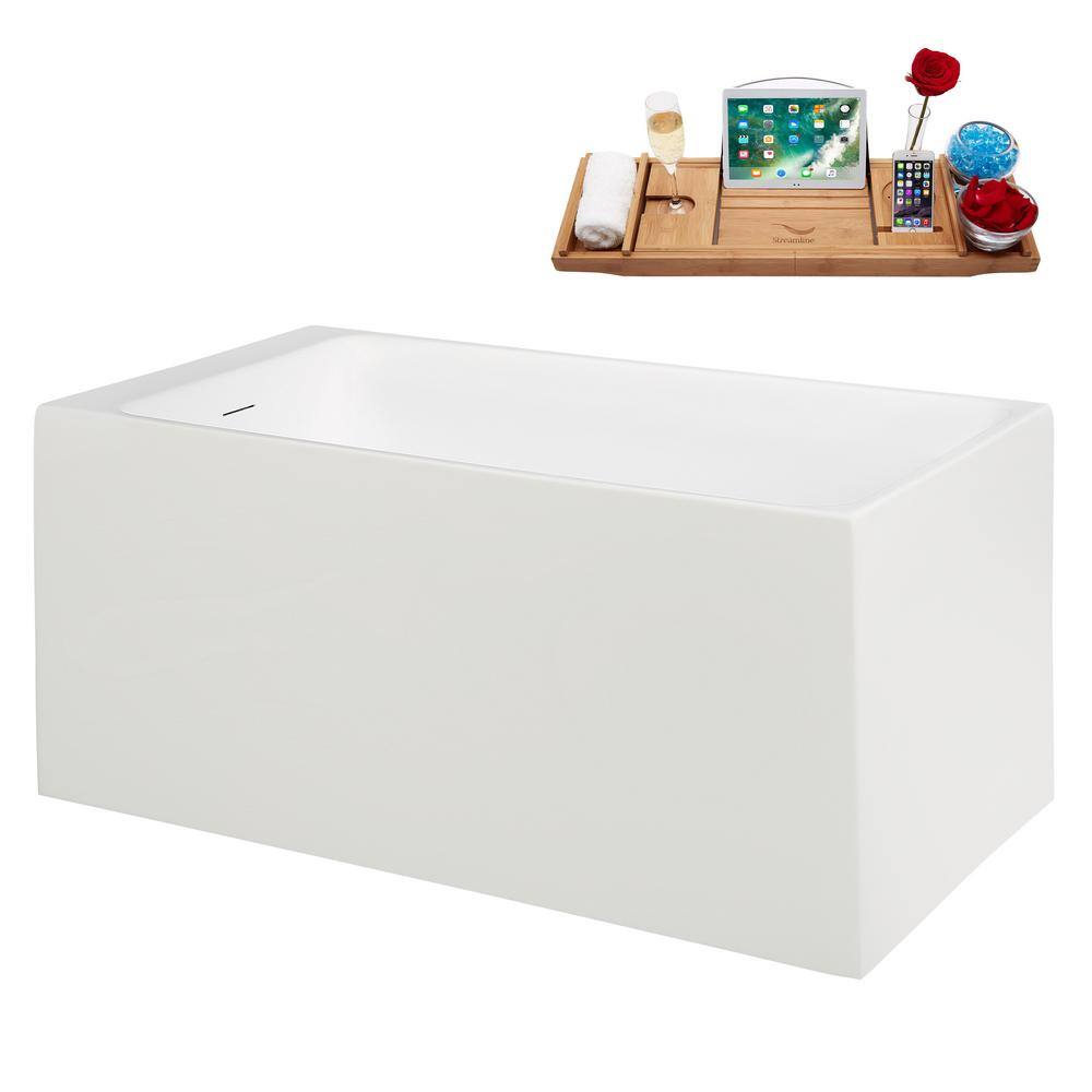 51" Glossy White Acrylic Freestanding Soaking Bathtub with Bamboo Tray