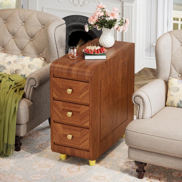 BYBLIGHT Kerlin 23.6 in. Brown Rectangle Engineered Wood End Table with 3 Drawers