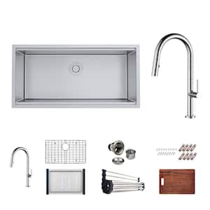 Bryn Stainless Steel 16- Gauge 33 in. Single Bowl Undermount Kitchen Sink Workstation with Modern Faucet, Grid, Drain