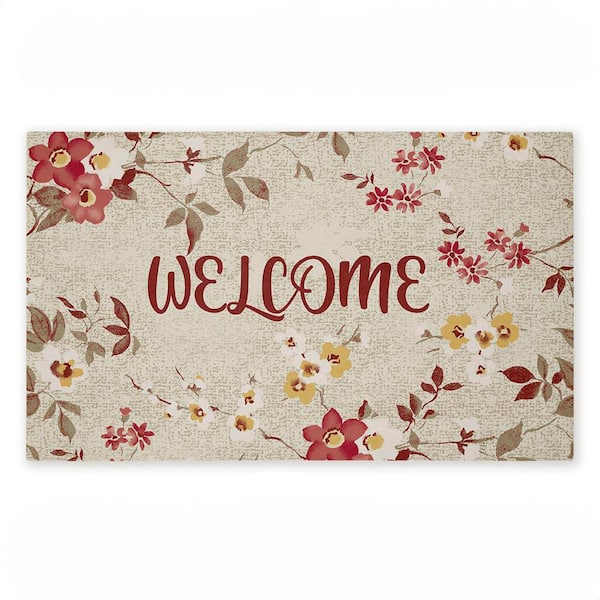 Welcome with Fall Blossoms Beige 18 in. x 30 in. Polyester Non-Slip Outdoor Door Mat