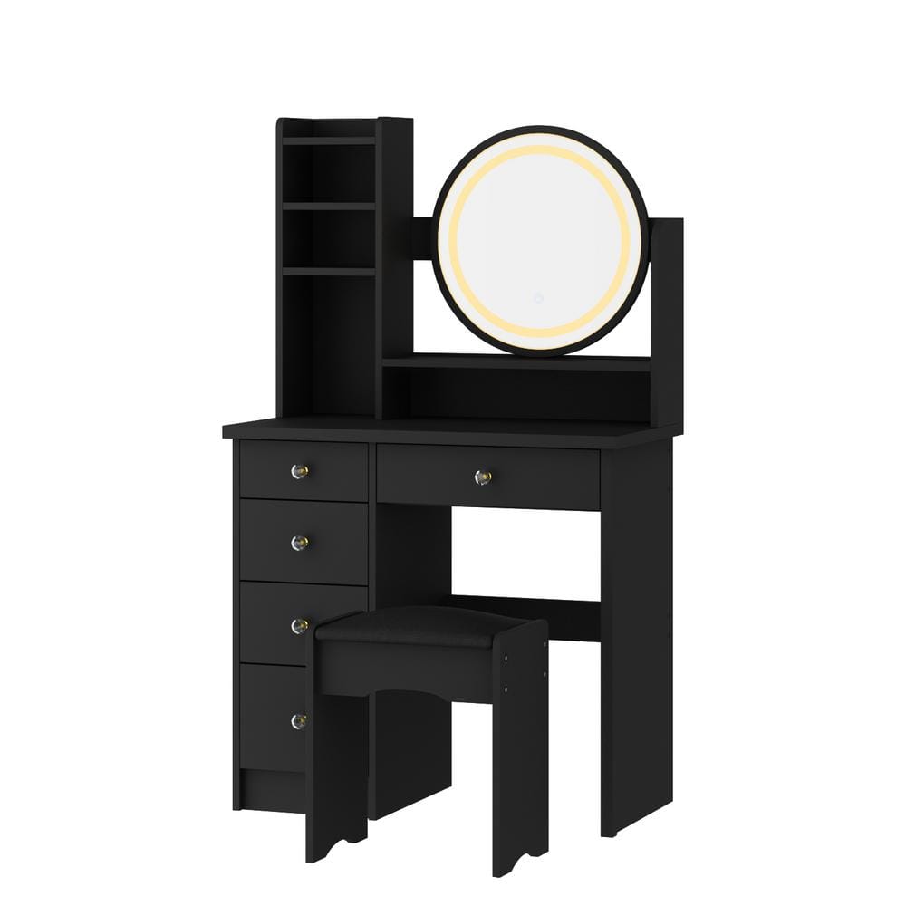 5-Drawers White Wood Makeup Vanity Set Dressing Desk W/ Stool, LED Round Mirror and Storage Shelves 52x 31.5x 15.7 in. - thumbnail 3