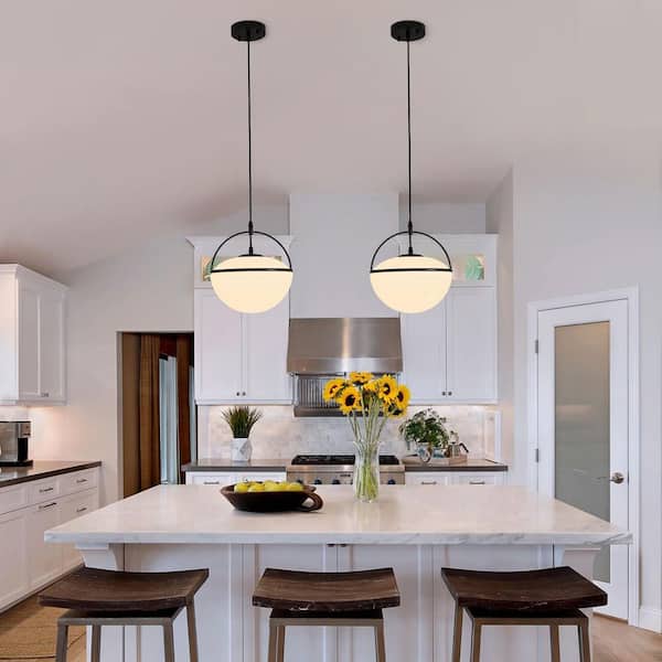 60-Watt 1-Light Black Modern Globe Shaped Hanging Pendant Light with Milky Frosted Glass Shade