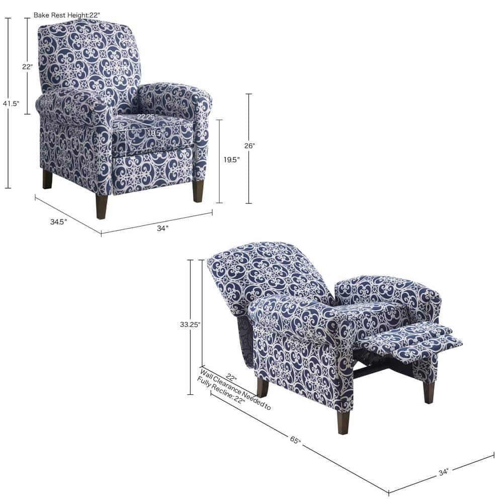 Navy Multi Microfiber Push Back Recliner with Wood Legs