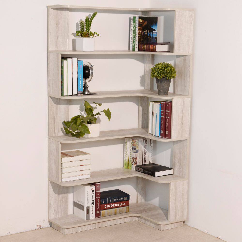 Saniya 64.56 in. Tall Light Gray Wood 5-Tier Freestanding L-Shaped Corner Bookcase For Living Room