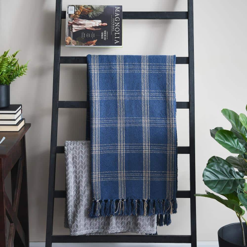 Blue Plaid Recycled Cotton Blend Throw Blanket with Fringe