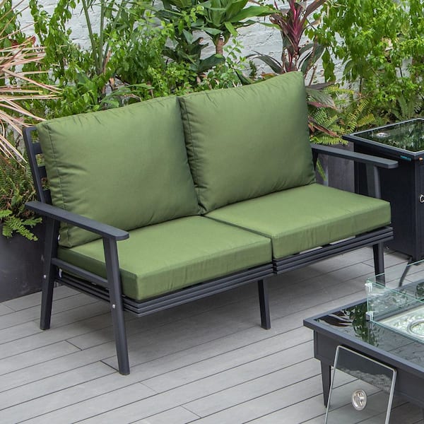 Leisuremod Walbrooke Black 1-Piece Metal Outdoor Loveseat with Green Cushions