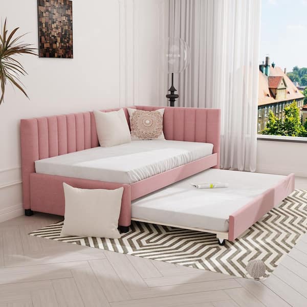 Nestfair Pink Twin Size Upholstered Linen Fabric Daybed with Trundle ...