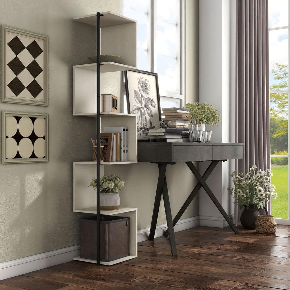 Cream Weave 5-Shelf Corner Bookcase with Black Metal Support