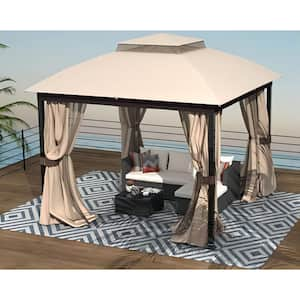 10 ft. x 10 ft. Double Roof Softtop Canopy Galvanized Steel Gazebo with Mosquito Net&Sunshade Curtains