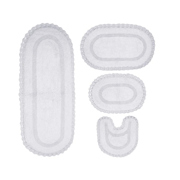 HOME WEAVERS INC Hampton Crochet Reversible 100% Cotton Bath Rug, 4-Pcs Set with Runner, White