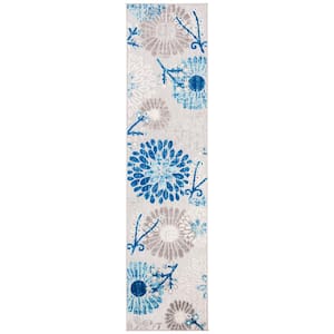 Cabana Gray/Blue 2 ft. x 12 ft. Floral Leaf Indoor/Outdoor Patio  Runner Rug