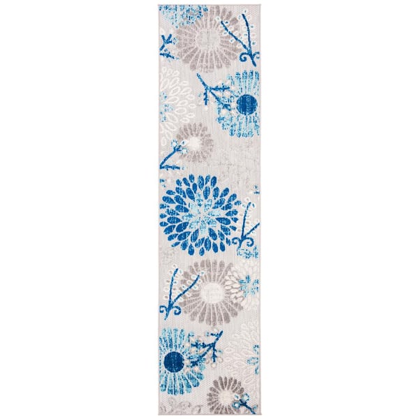 Cabana Gray/Blue 2 ft. x 8 ft. Floral Leaf Indoor/Outdoor Patio  Runner Rug