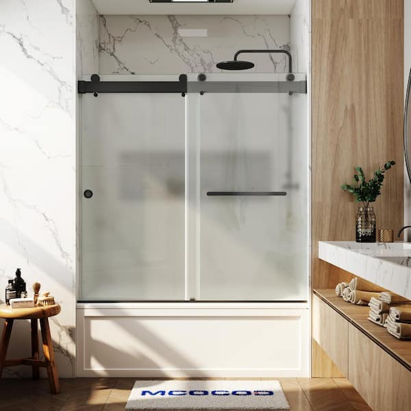 MCOCOD 56-60.75 in. W x 66 in. H Double Sliding Frameless Soft Close Tub Door in Matte Black with 3/8 in. Frosted Glass