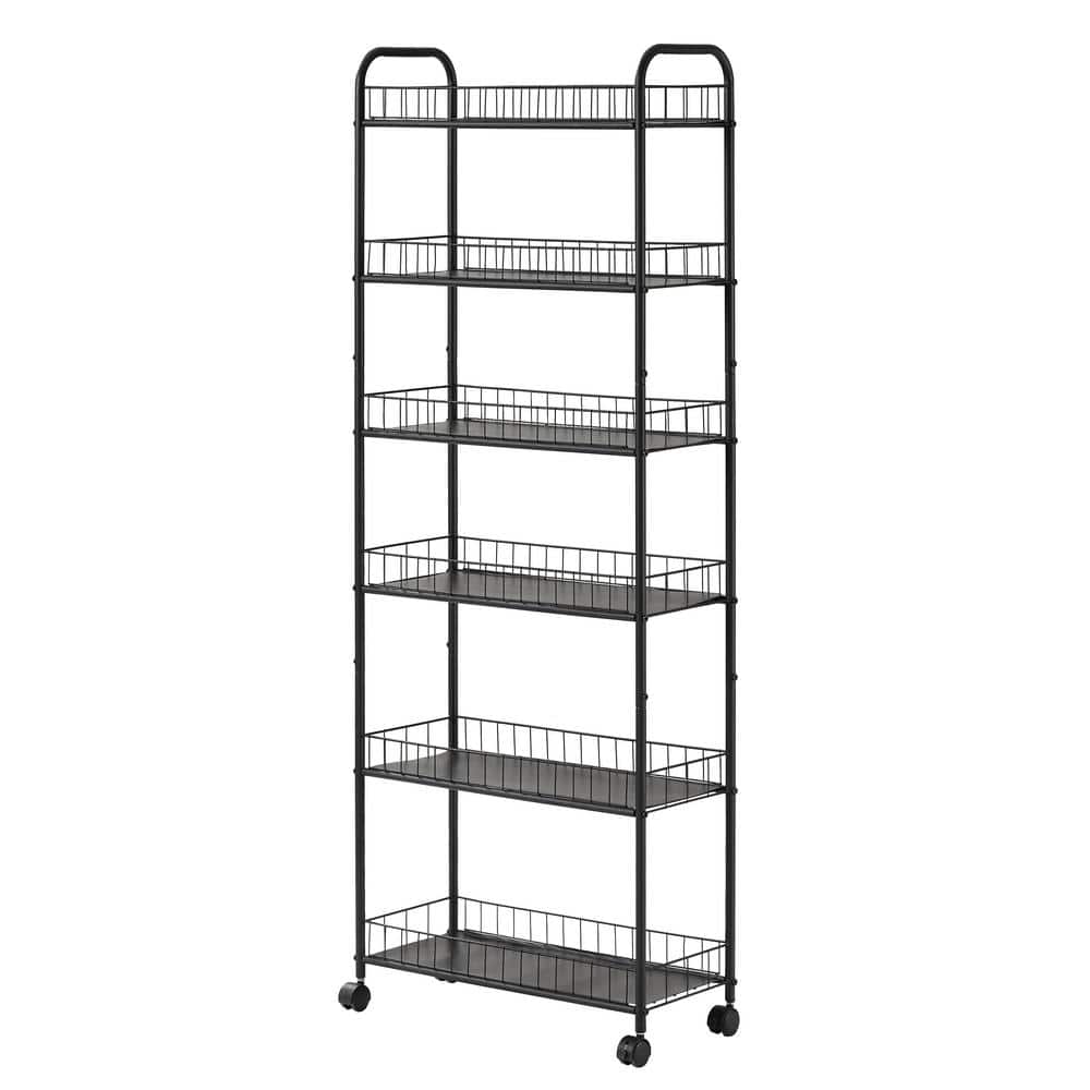Black Metal 6-Tier Slim Rolling Storage Cart with Lockable Wheels