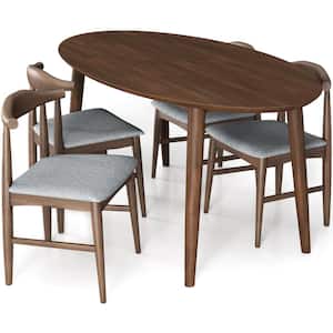 Karen 5-Piece Mid-Century Oval Walnut Top Dining Set with 4 Fabric Dining Chairs in Gray