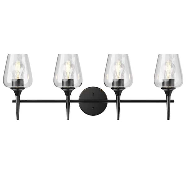 PUDO 29.63 in. 4-Light Black Vanity Light with Transparent Glass Shades Versatile Up and Down Mounting