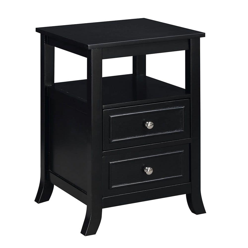 Black end table with two drawers and an open shelf.